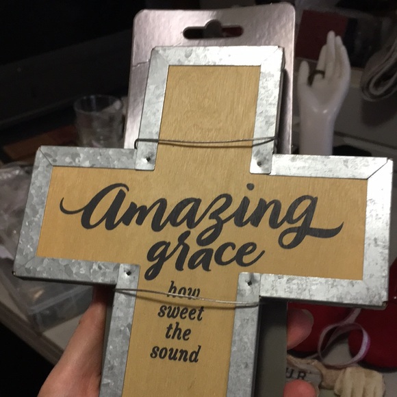 Wooden galvanized standing or wall cross “amazing grace how sweet the sound” NEW - Picture 4 of 17